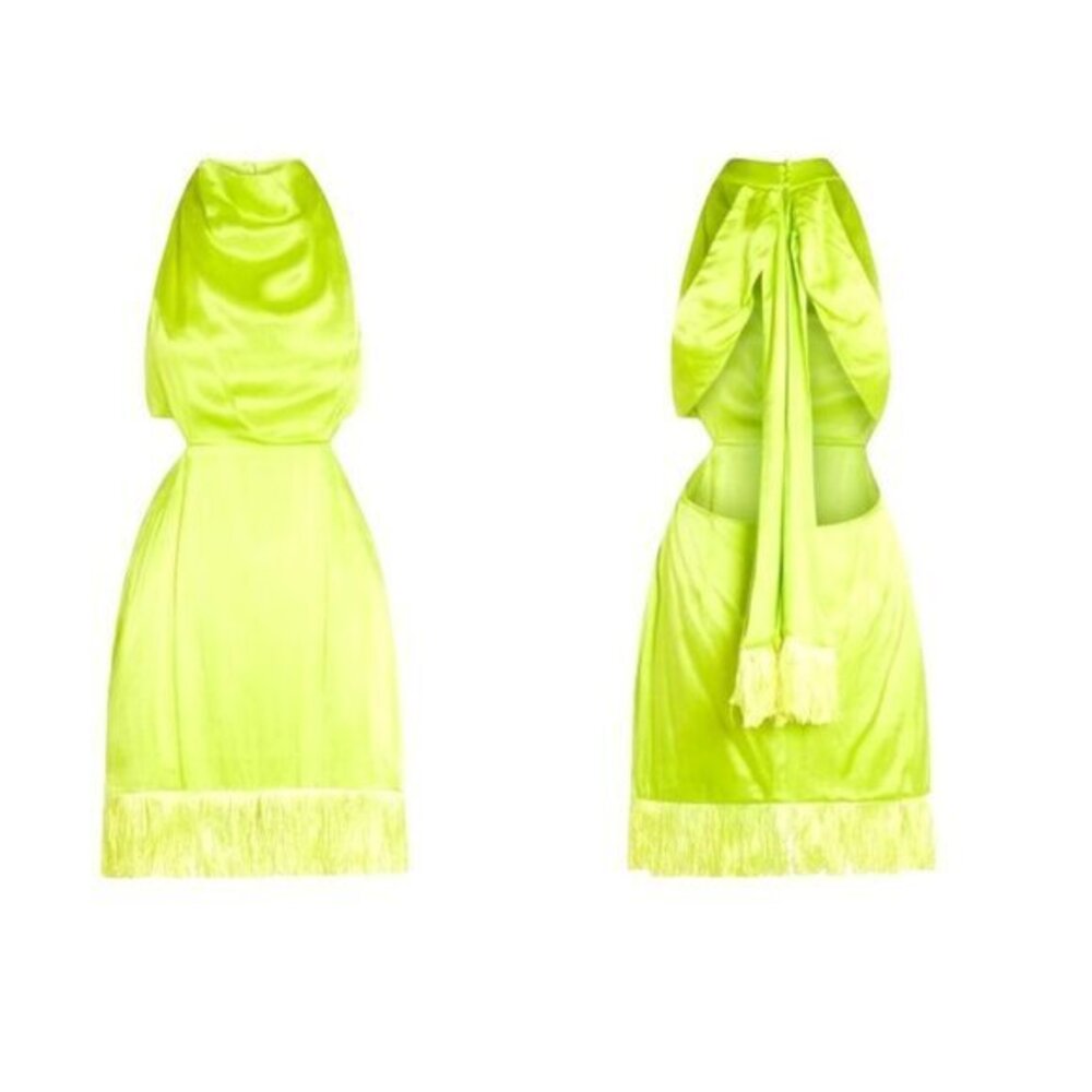 Satin Fringe Cutout XS Elliatt Citrus Leoni  Halter Mini Dress In Lime Green